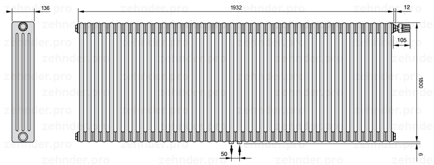 Схема (чертеж) Радиатор Zehnder Charleston 4180/42 №V008 Белый глянцевый RAL 9016